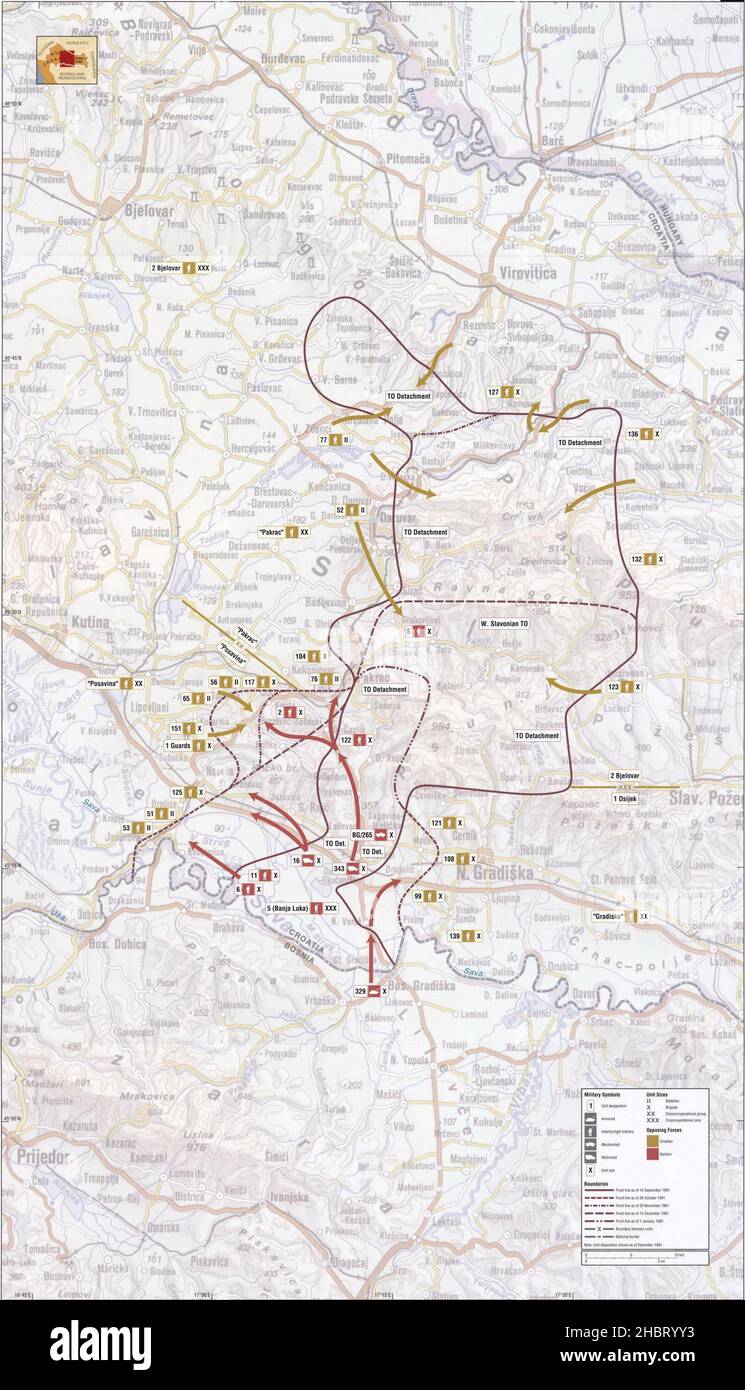 Map of front lines and military offensives in the western Slavonia in Croatia in September 1991-January 1992 period of the Croatian War of Independence ca.  9 May 2013 Stock Photo