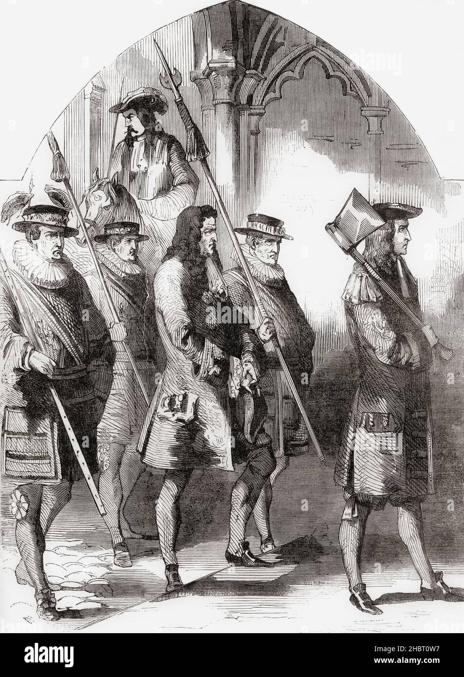 The Earl of Oxford going to trial, 1715, accused of  high treason, misdemeanors, and alleged secret plotting with the Jacobite claimant James, The Old Pretender.  Robert Harley, 1st Earl of Oxford and Earl Mortimer, 1661 – 1724.  English statesman.  From Cassell's Illustrated History of England, published c.1890. Stock Photo