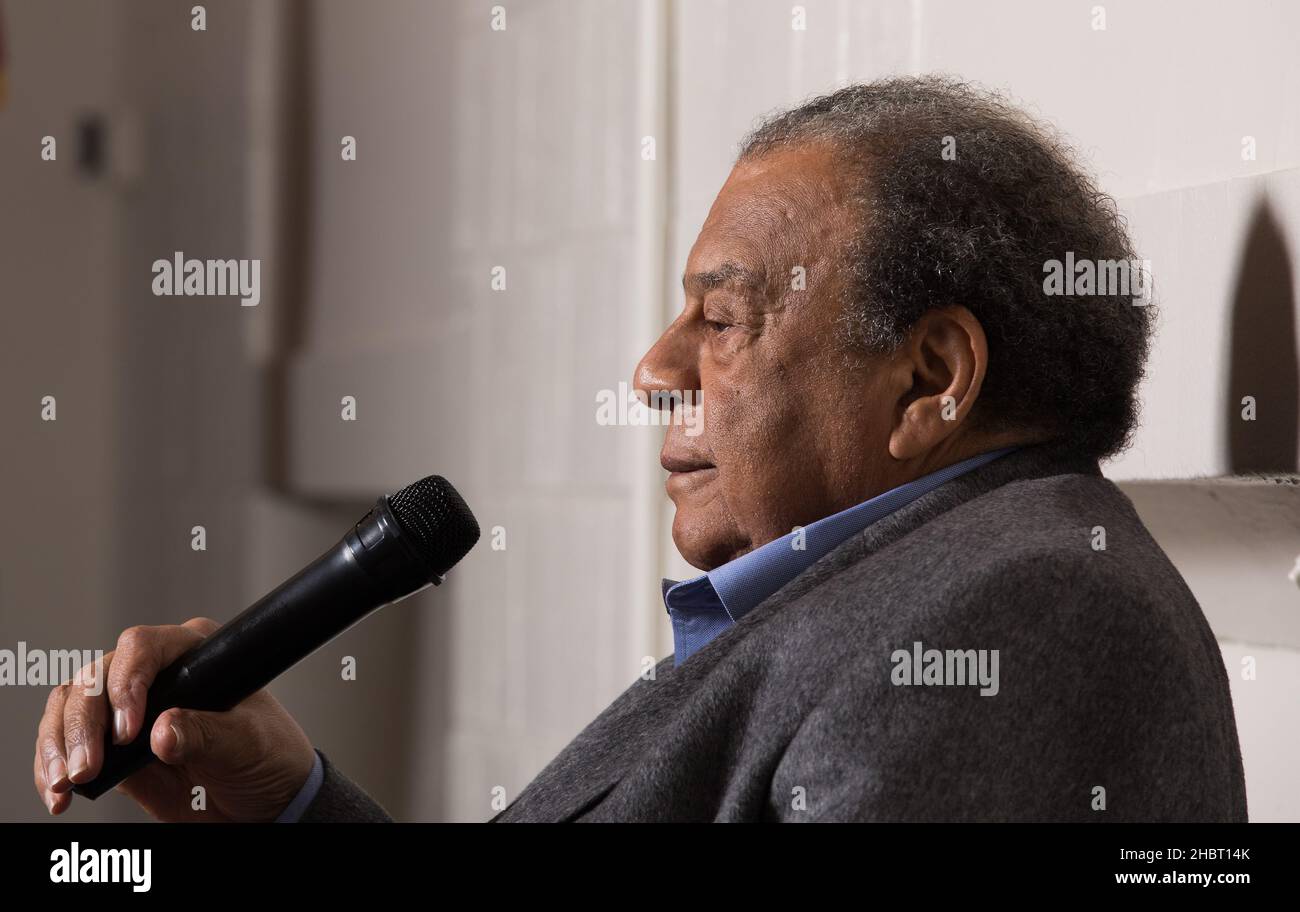 Andrew Young, 89, politician, activist, and close confidant of Martin Luther King Jr., speaks at Detroit Charter School in December, 2021. Stock Photo