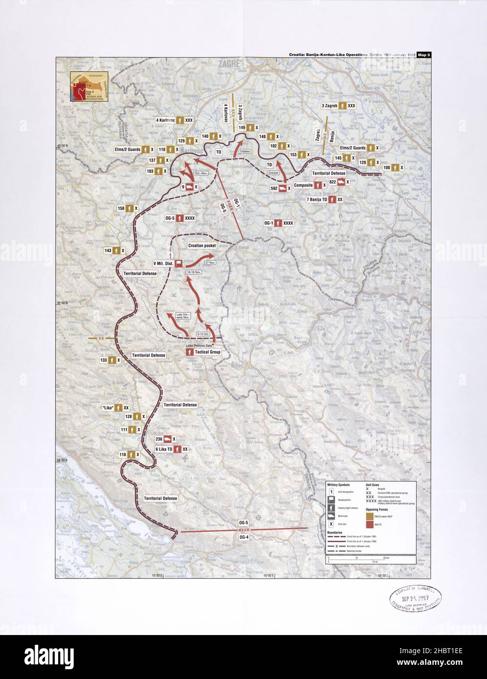 Croatia: Military map of Banija-Kordun-Lika Operations, October 1991-January 1992 Stock Photo