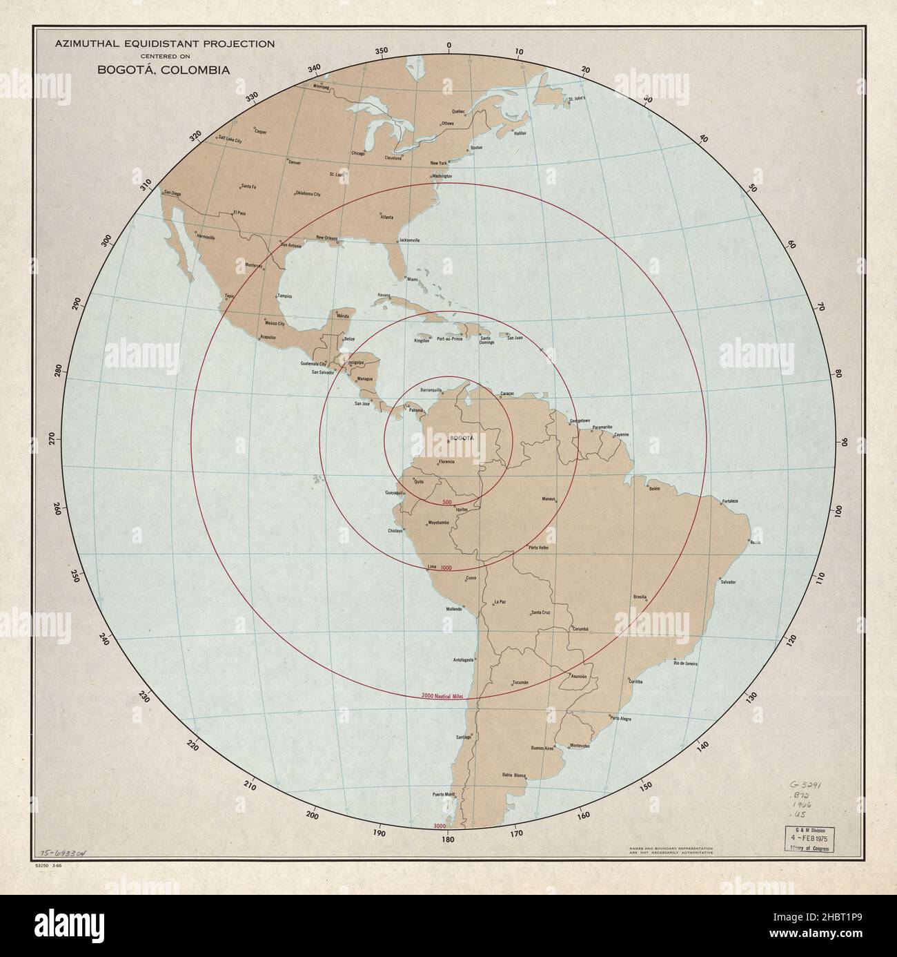 Azimuthal equidistant projection map centered on Bogotá, Colombia ca.  1966 Stock Photo