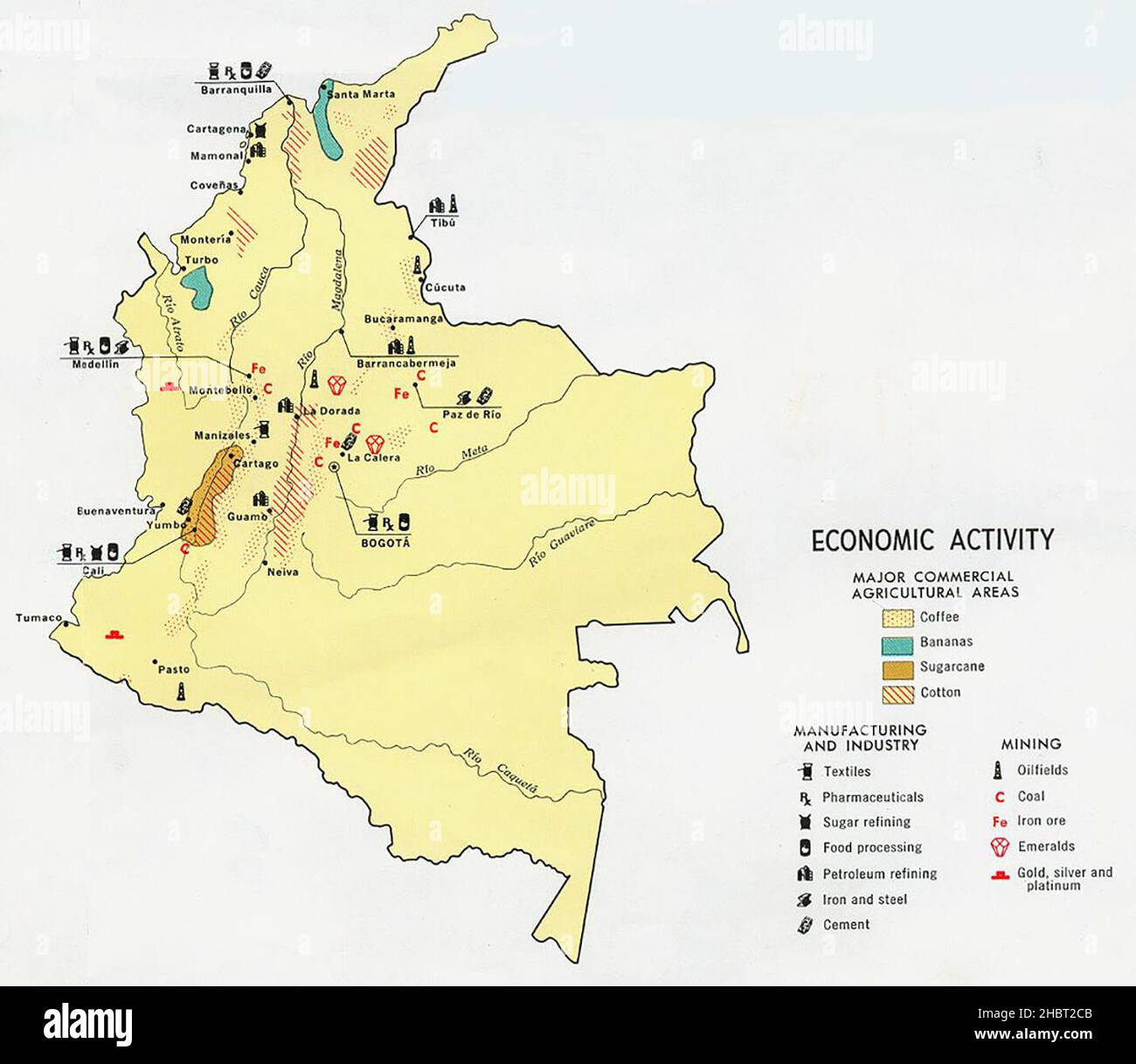 Economic activity map of Colombia ca.  1970 Stock Photo