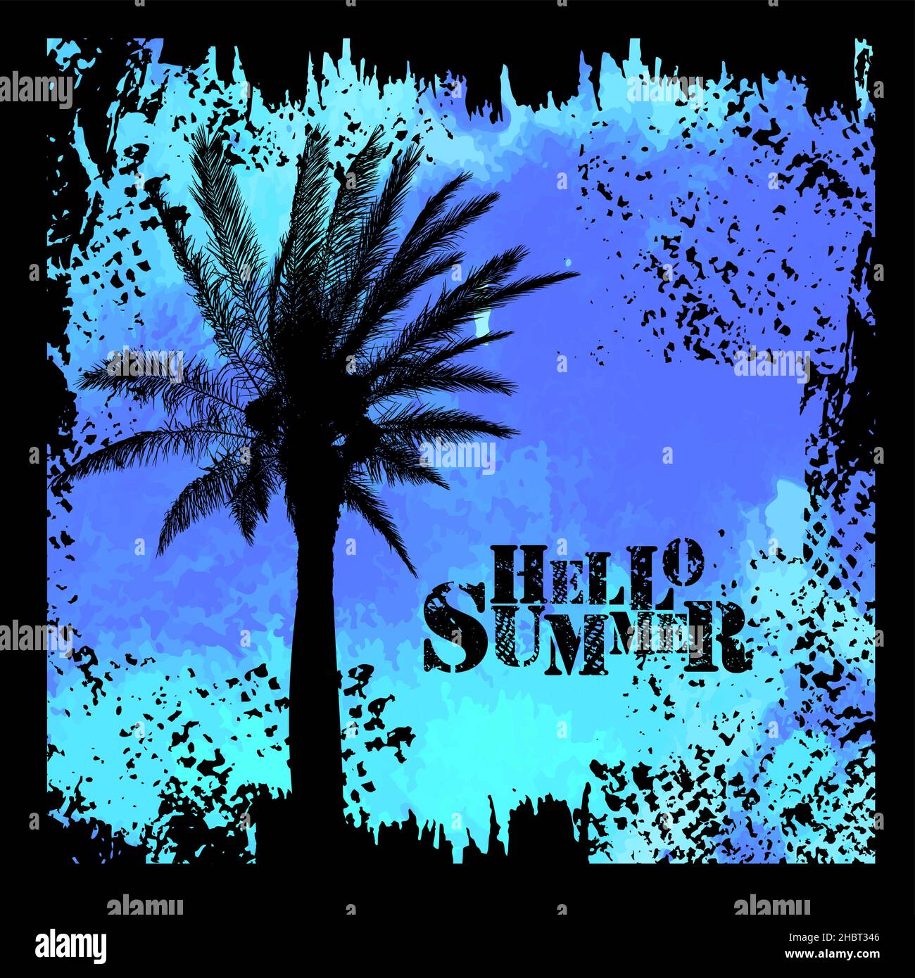 Palm tree on blue old background . Hello summer. Vector illustration ...