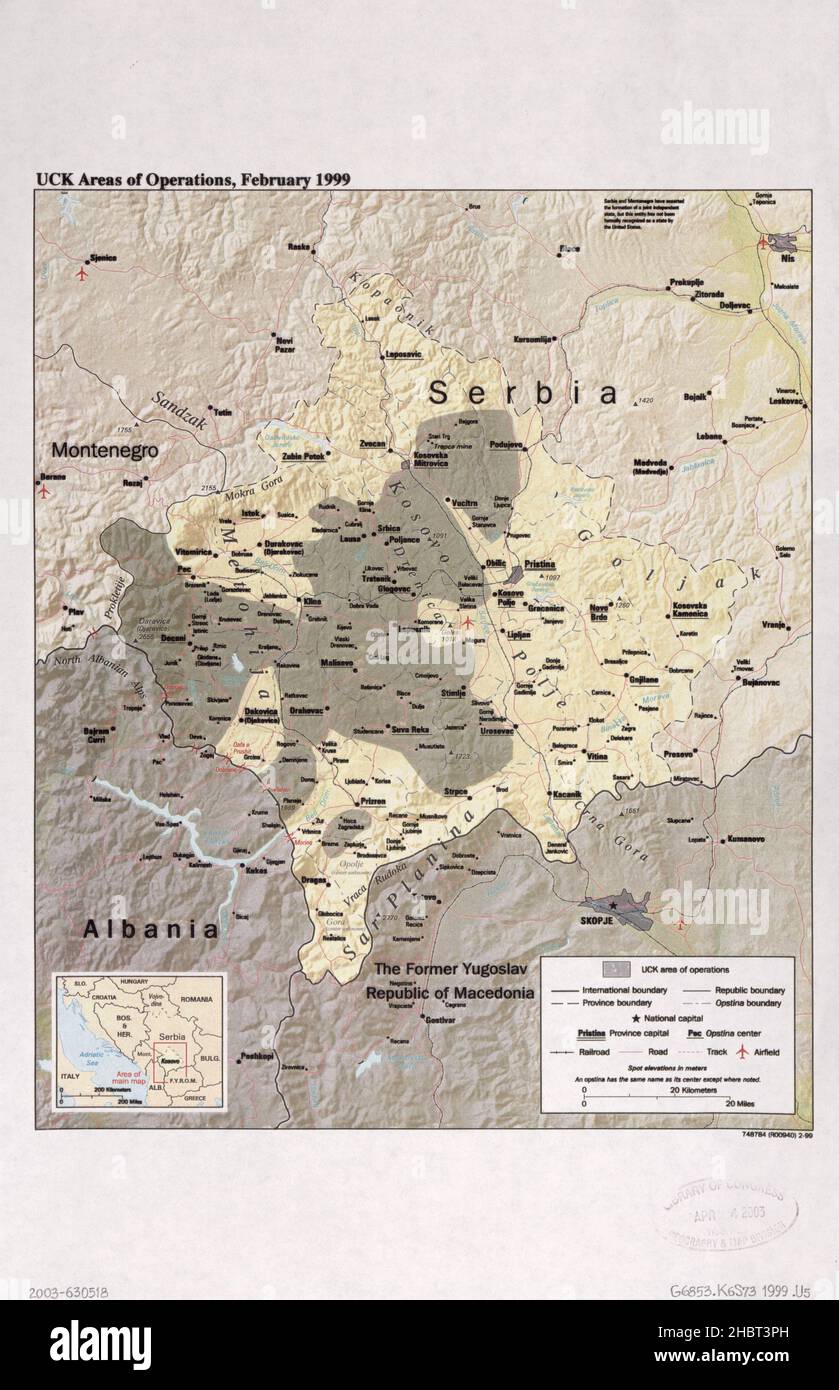UCK areas of operations, February 1999 - (Kosovo, Serbia). Shows areas under control of the UCK (Kosovo Liberation Army) ca.  1999 Stock Photo