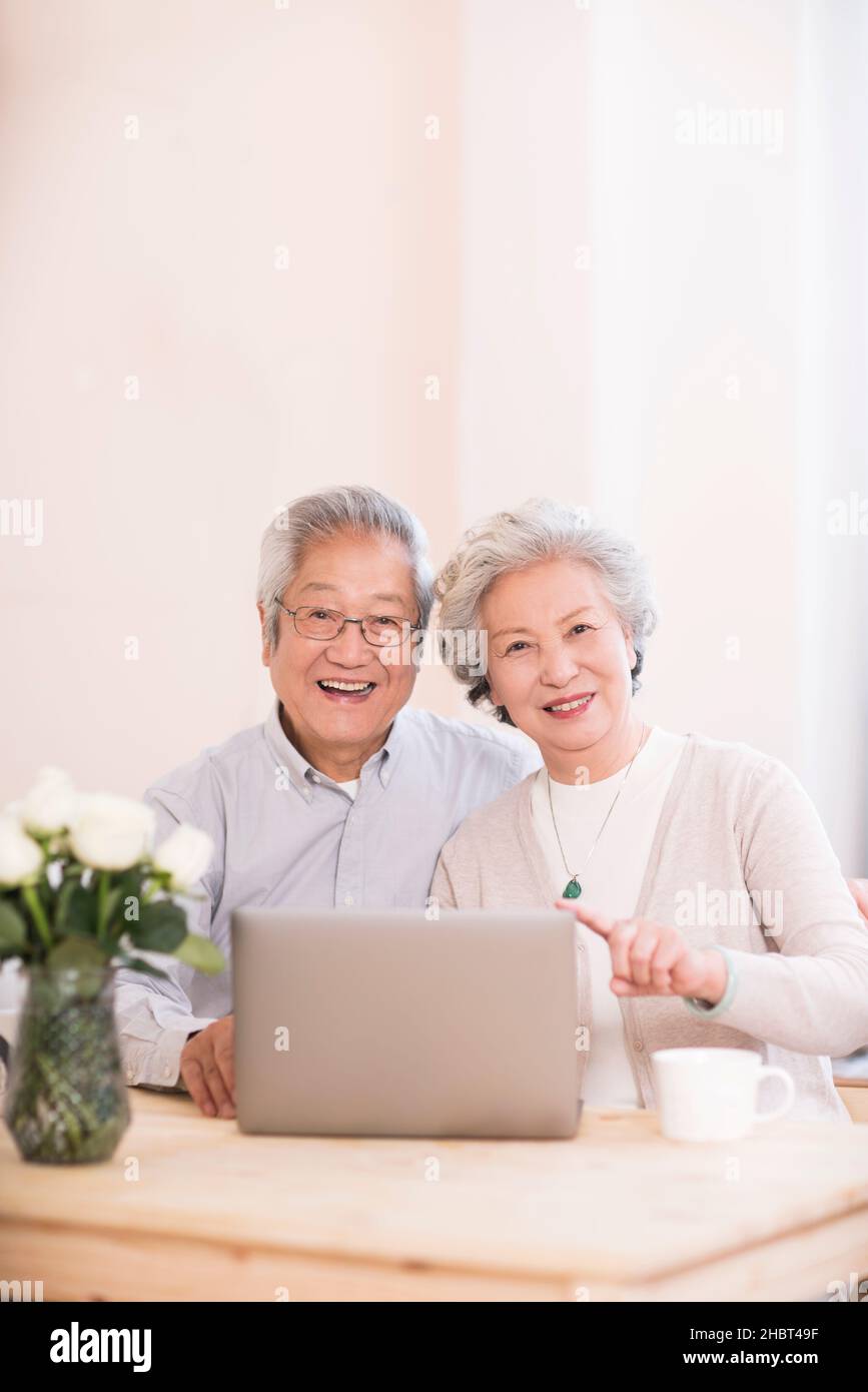 Elderly couple using a laptop at home Stock Photo