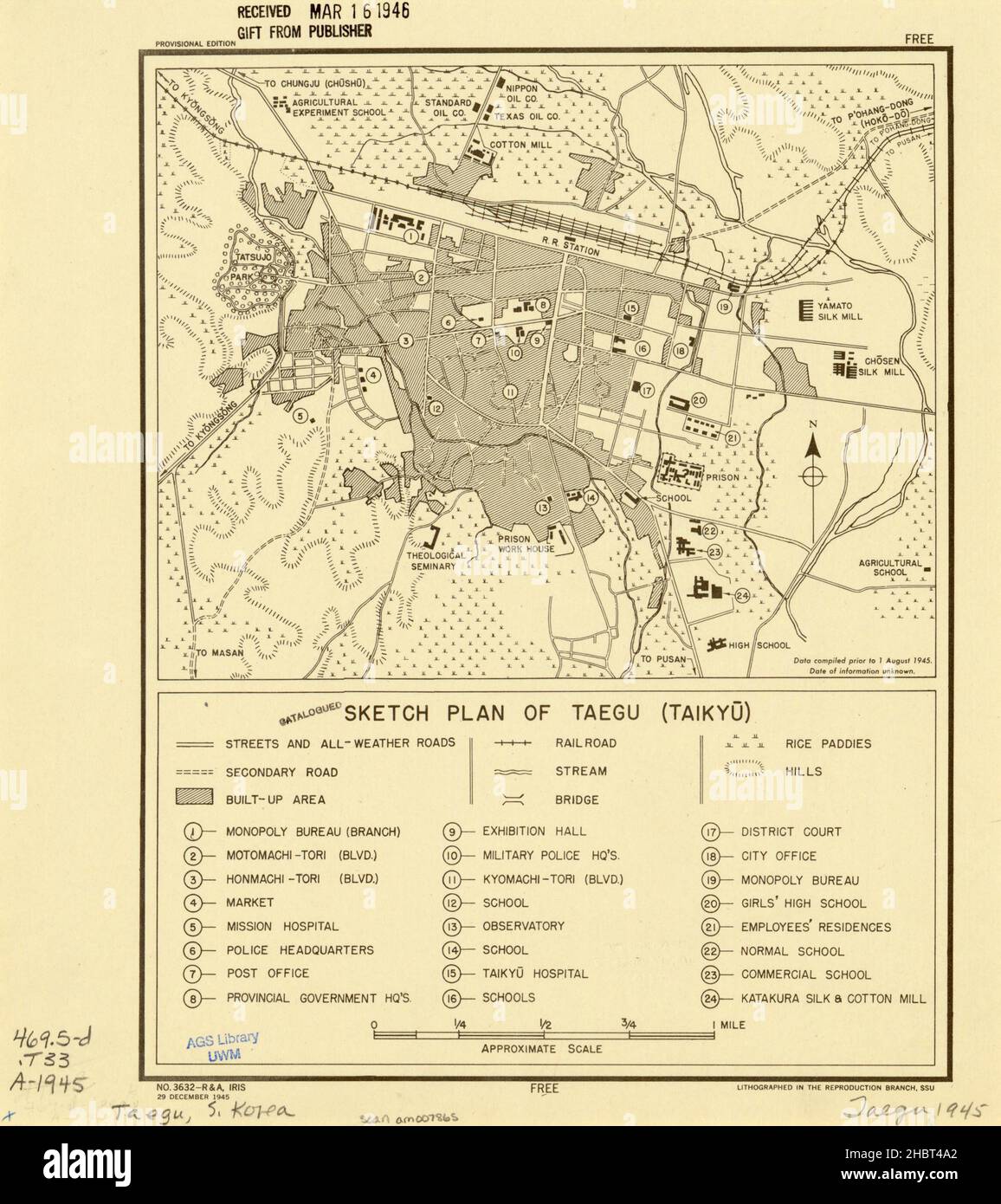 1945 Taegu South Korea Map Stock Photo