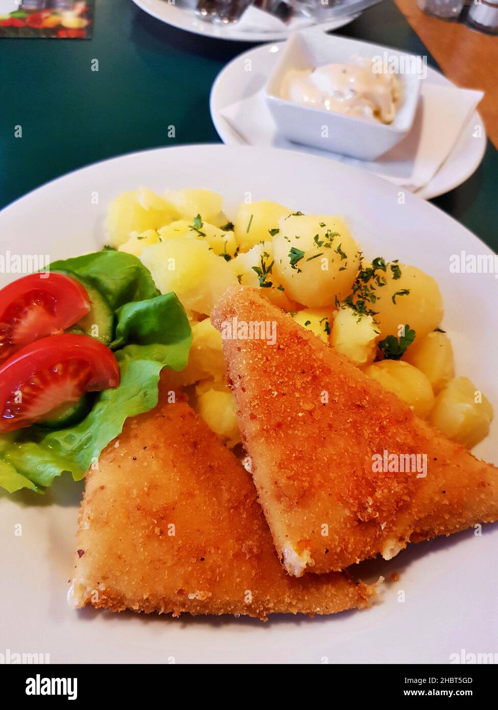 Fried Breaded Cheese With Potato And Tartar Sauce On Restaurant Table fried-breaded-cheese-with-potato-and-tartar-sauce-on-restaurant-table
