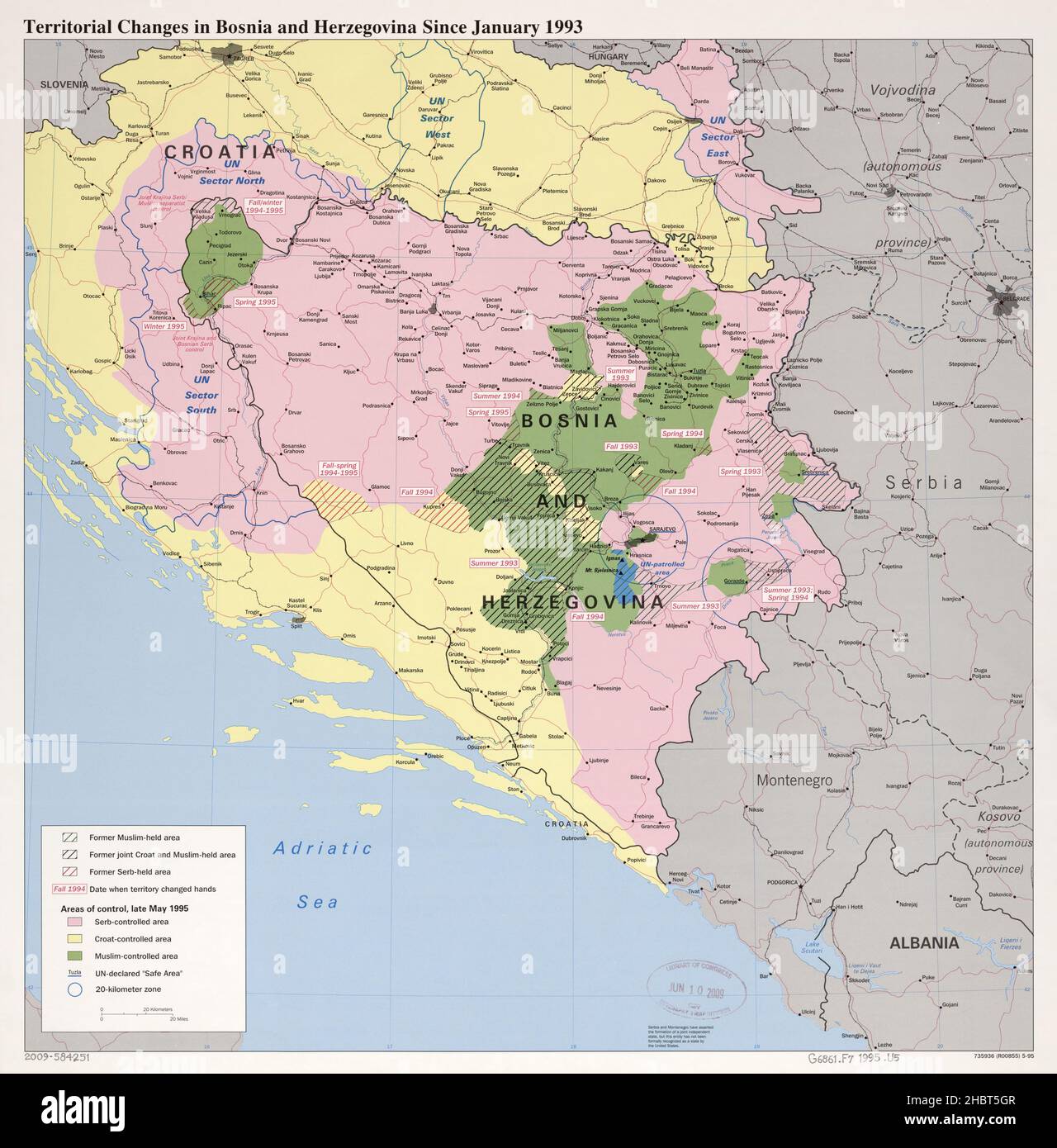 Map of territorial changes in Bosnia and Herzegovina since January 1993 - Shows Areas of control, late May 1995 (Serbian/Croatian/Muslim) and UN-declared safe/patrolled areas. Also shows control areas in Croatia ca.  1995 Stock Photo