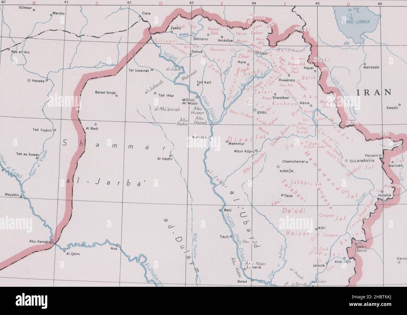 1950s CIA map of Iraq – tribes of Iraq (Iraqi Kurdistan detail) Stock Photo