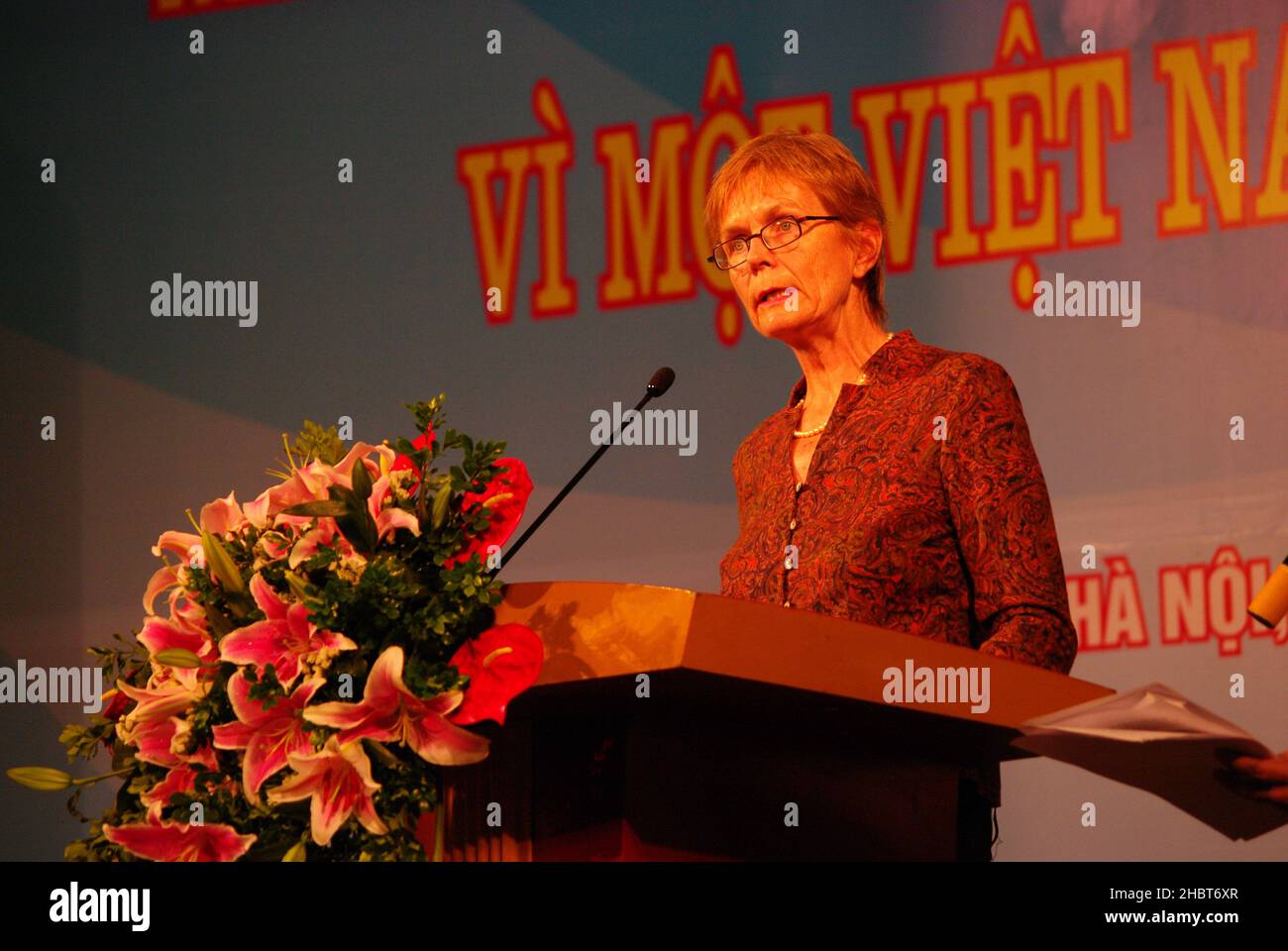 2010s Vietnam:  Dr. Cornelia Hennig of the World Health Organization speaks at World TB Day ca.  23 March 2013 Stock Photo