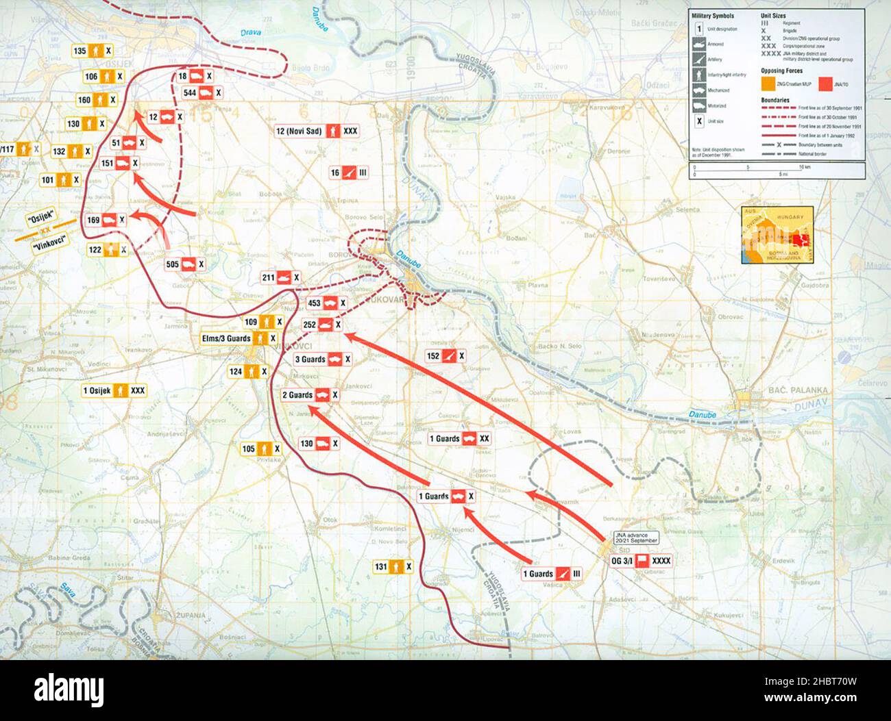 Map of military operations in eastern Slavonia, Croatia, September 1991 - January 1992 Stock Photo