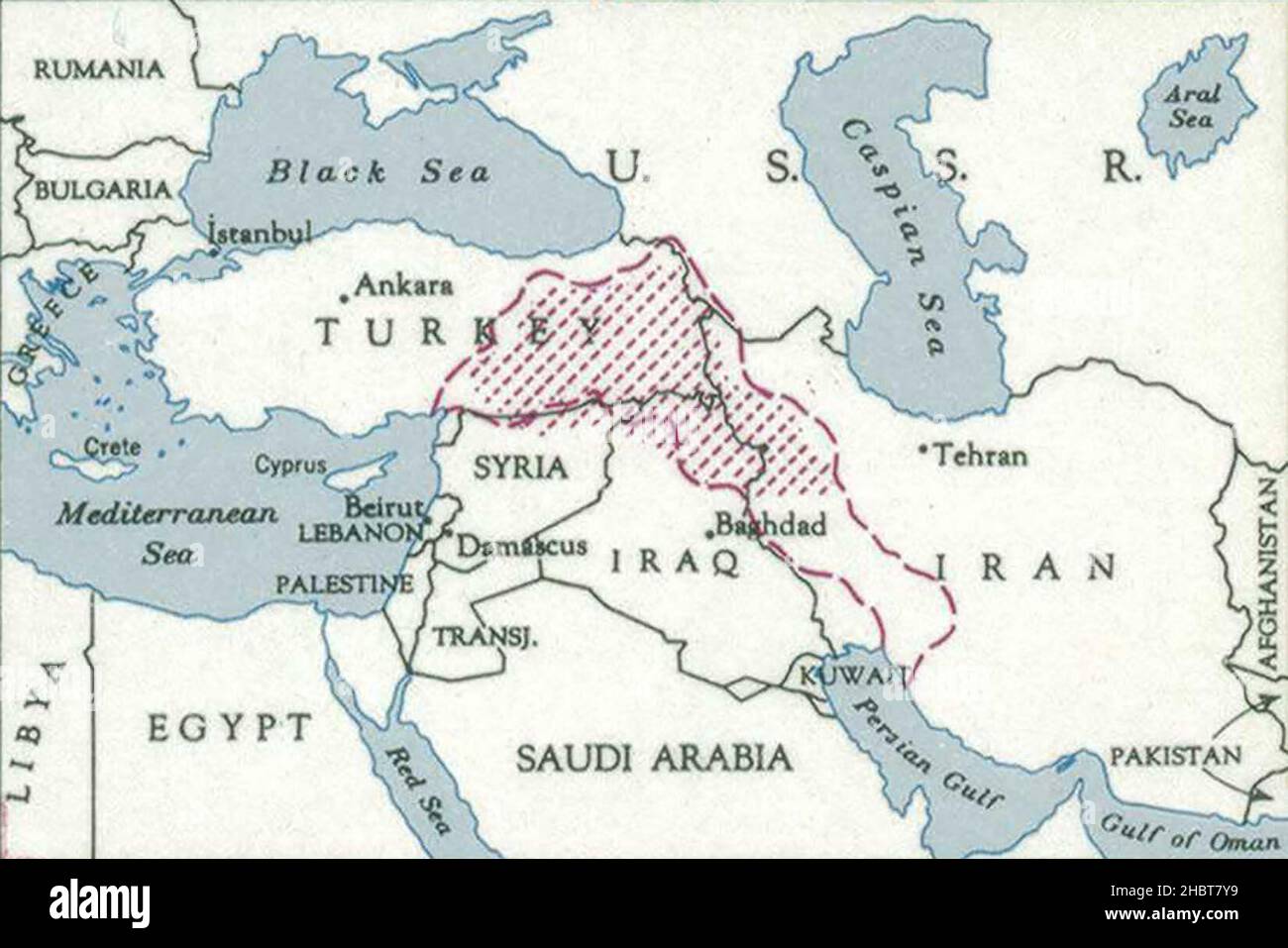 Inset map from a map of Kurdistan prepared by the Unites States Central Intelligence Agency's Map Branch in 1946. The area the map legend calls ethnic Kurdistan is indicated by diagonal red lines and includes parts of Turkey, Iran, Iraq, and Syria ca.  1948 Stock Photo