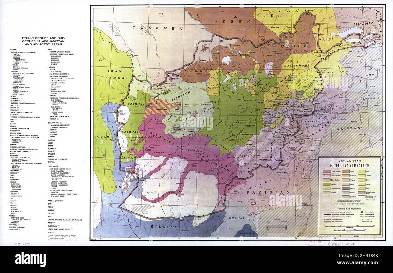 CIA map showing the territory of the settlement of ethnic groups and subgroups in Afghanistan Stock Photo