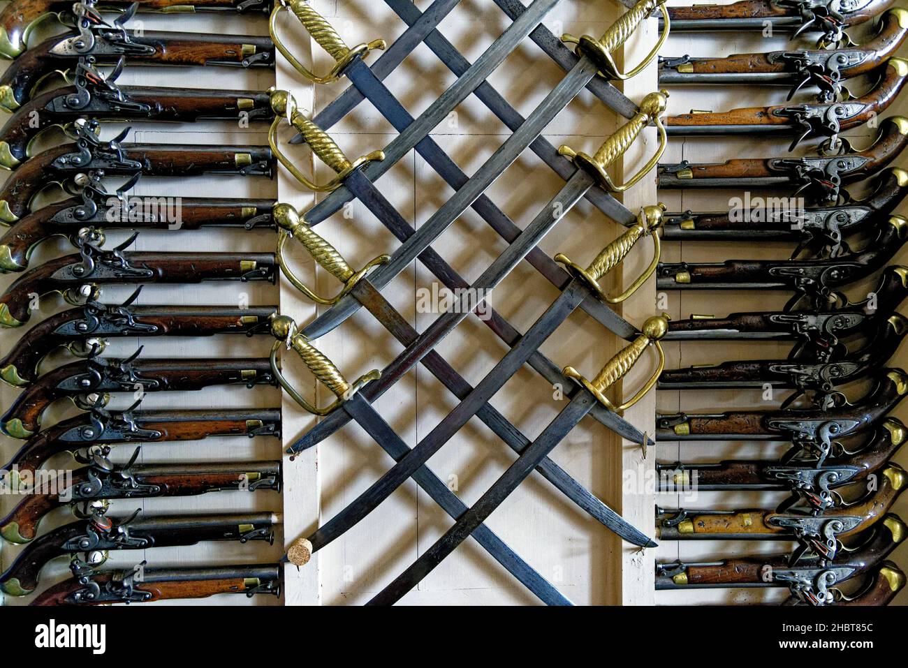 Weapons displayed inside Culzean Castle located near Maybole in Ayrshire Scotland, United Kingdom - 22nd of July 2021 Stock Photo