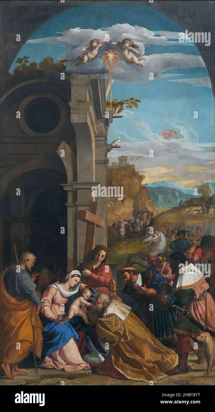 Adorazione dei Magi in presenza di Sant’Elena - 1525 26 - oil on canvas 470 x 260 cm - Palma Jacopo il vecchio Stock Photo