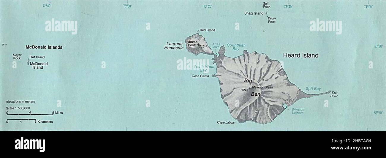 Map of Heard Island and McDonald Islands in the Southern Ocean ca.  1976 Stock Photo