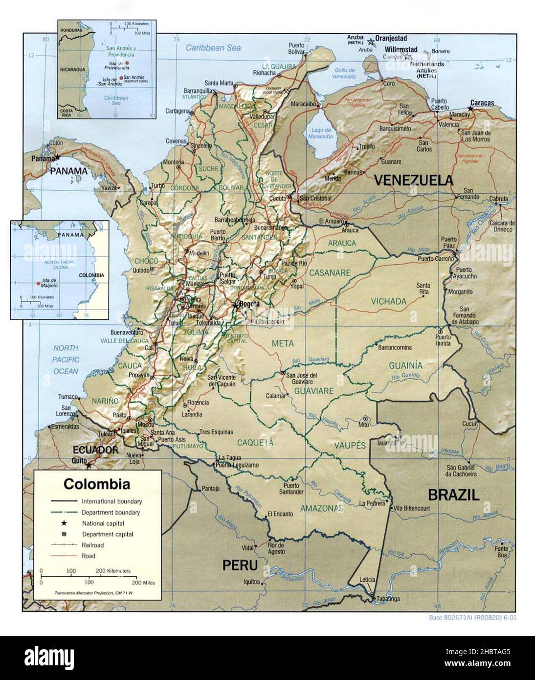 Shaded relief map of Colombia ca.  2001 Stock Photo