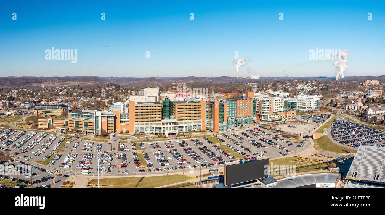 Morgantown, WV - 20 December 2021: Aerial panorama of JW Ruby Memorial Hospital, part of WVU Medicine, in Morgantown Stock Photo