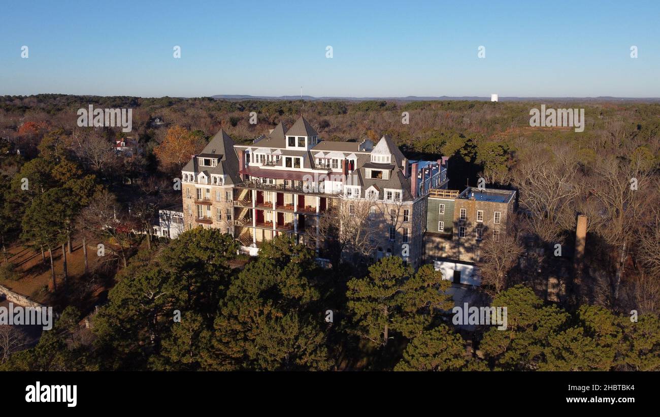 Aerial photography of the Crescent Hotel in Eureka Springs, Arkansas in the early morning of November 2021. Stock Photo