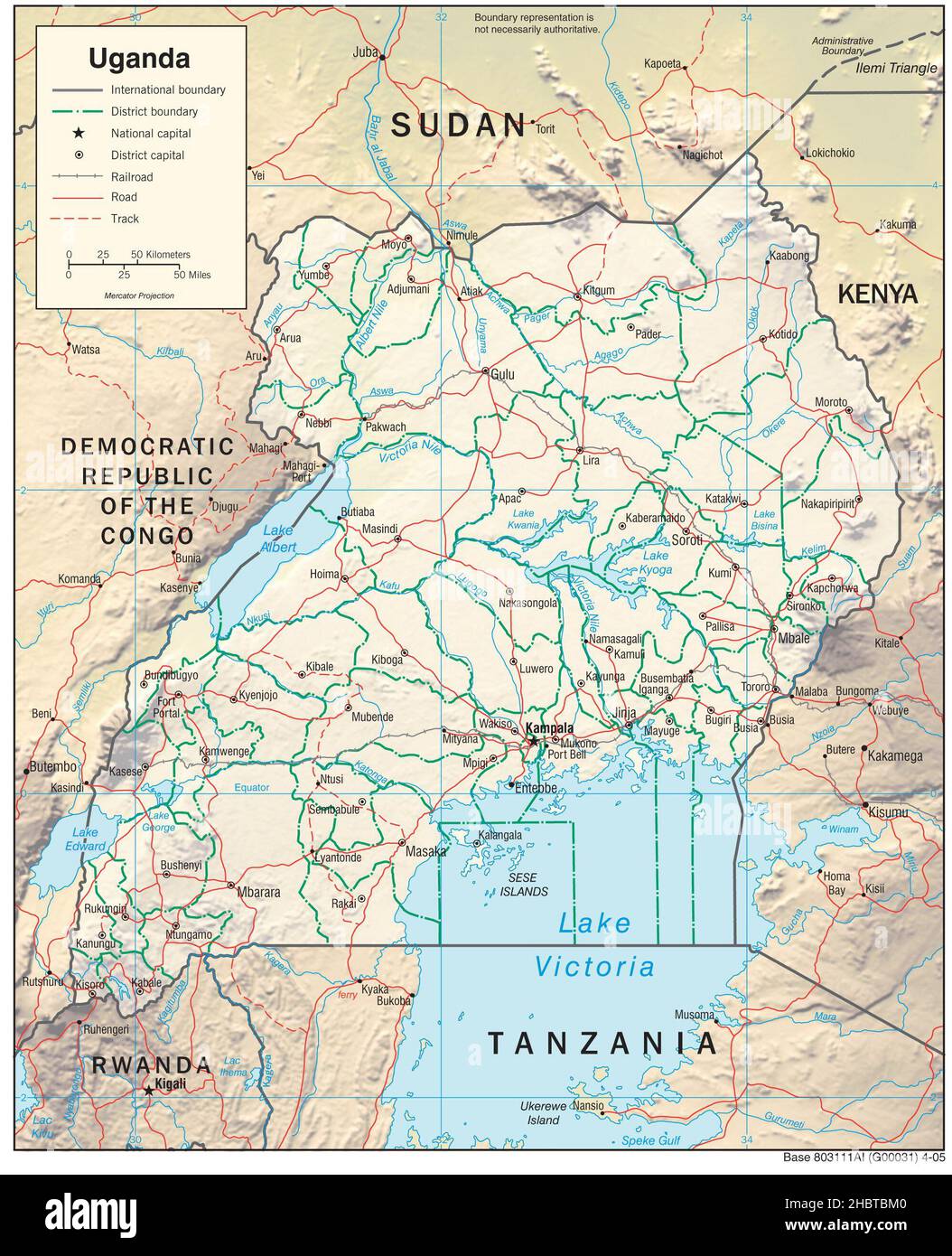 Topographic map of Uganda (shaded relief), 2005 Stock Photo