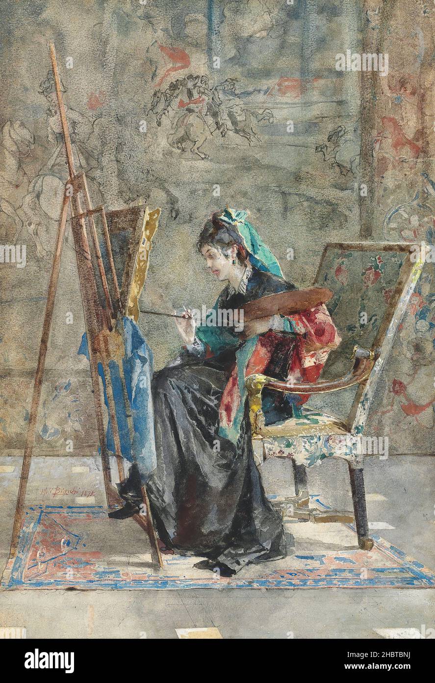 Bianchi Mosè - Private Collection - La pittrice - 1875 - Matita, inchiostro marrone, acquerello e tempera su carta 43,5 x 29,5 cm - Stock Photo