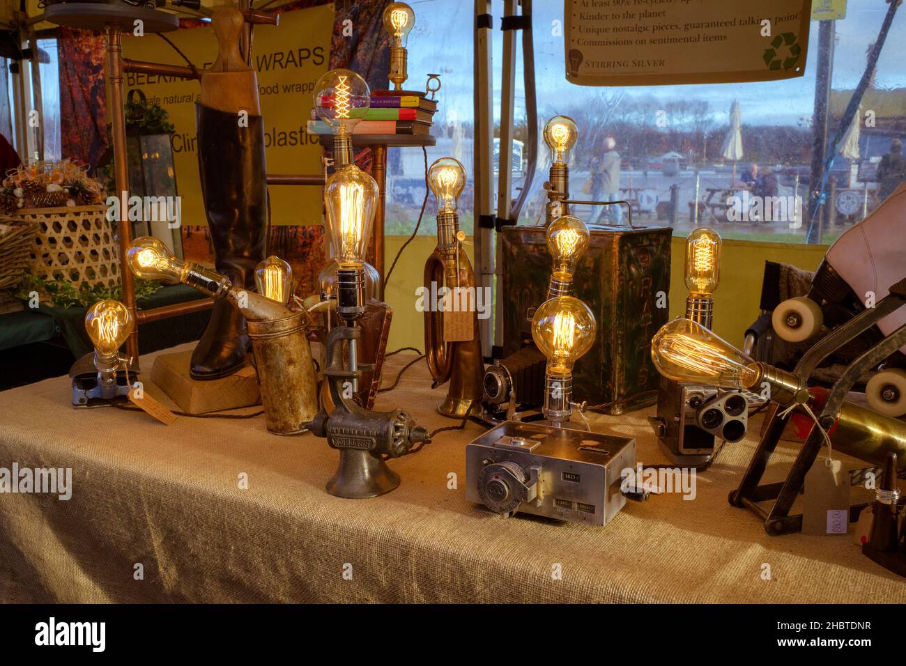 Stratford upon Avon, UK - A selection of steam punk inspired lighting for sale at the Victorian Christmas market. Stock Photo