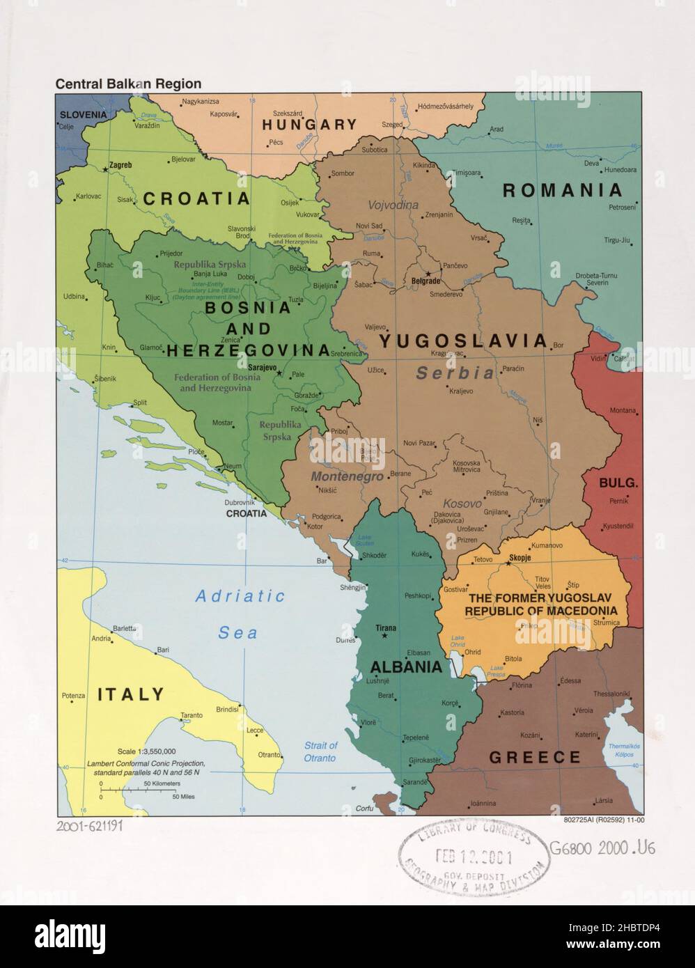 Central Balkan Region Map - Covers Croatia, Bosnia and Hercegovina, Yugoslavia, Macedonia, Albania, and adjacent regions ca.  2000 Stock Photo