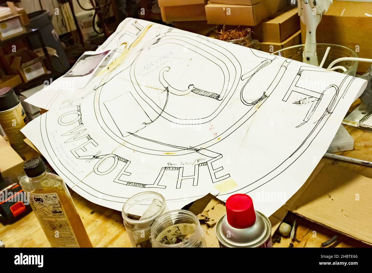 drawing of layout of neon sign in workshop Stock Photo