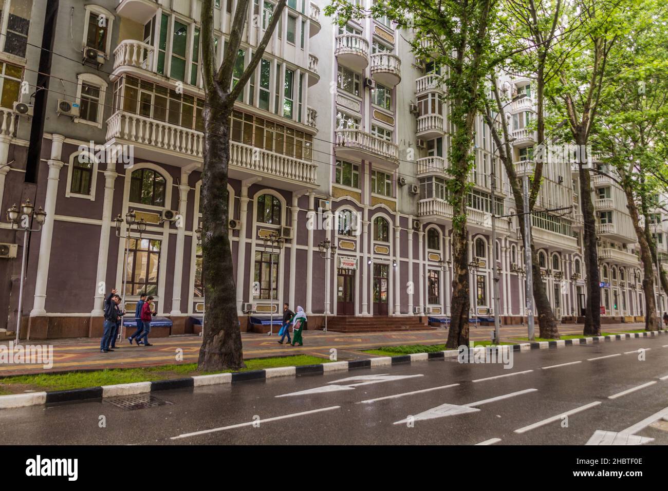 DUSHANBE, TAJIKISTAN - MAY 16, 2018: Buildings by Rudaki Avenue in Dushanbe, capital of Tajikistan Stock Photo