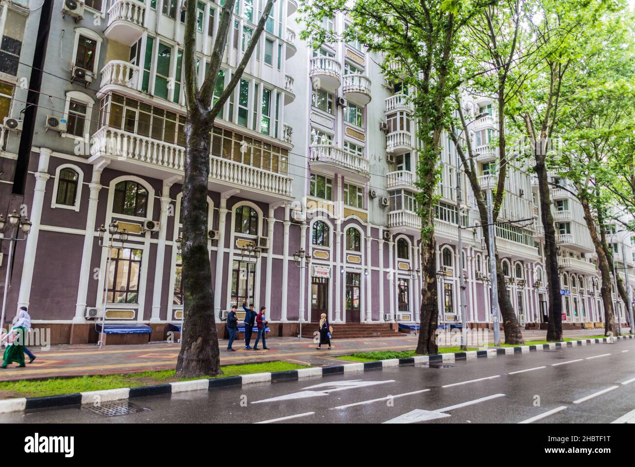 DUSHANBE, TAJIKISTAN - MAY 16, 2018: Buildings by Rudaki Avenue in Dushanbe, capital of Tajikistan Stock Photo