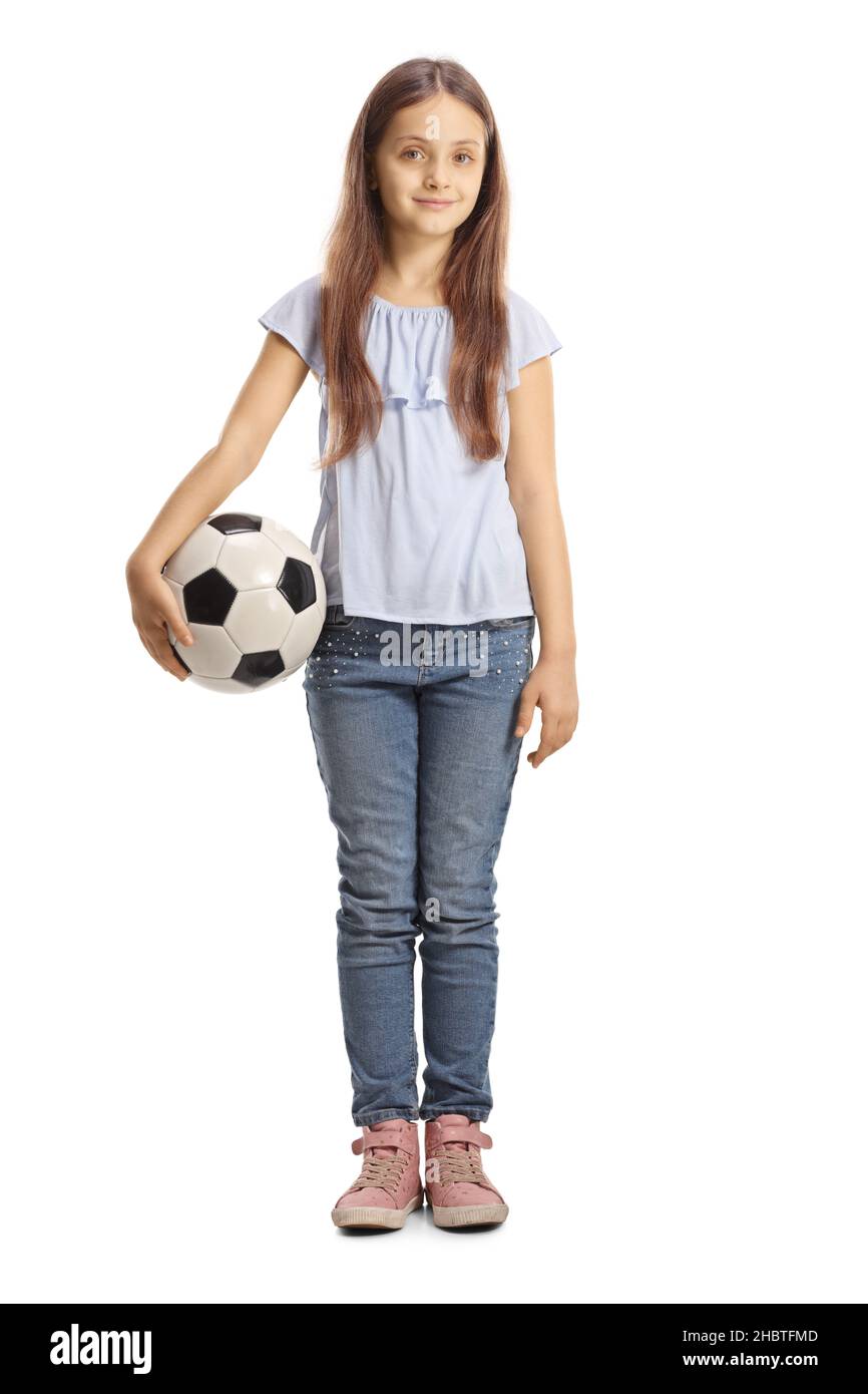 Full length portrait of a girl holding a soccer ball isolated on white