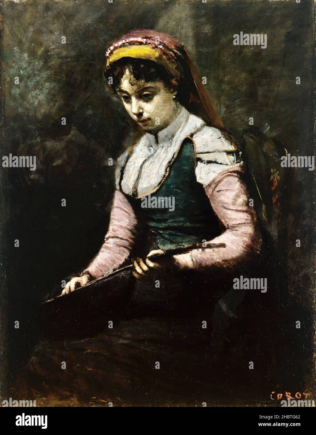 Girl with Mandolin - 1860 65 - oil on canvas 51,4 x 40,3 cm - Corot Jean-Baptiste-Camille Stock Photo