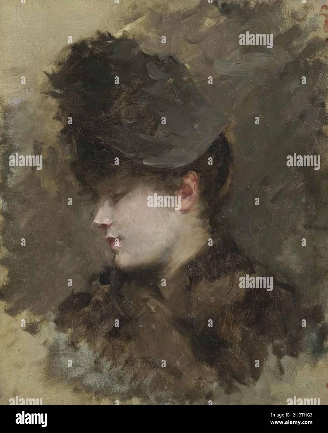 De Nittis Giuseppe - Private Collection - Testa femminile di profilo, con cappellino- unknown date -  oil on canvas 55,2 x 45,7 cm - Stock Photo