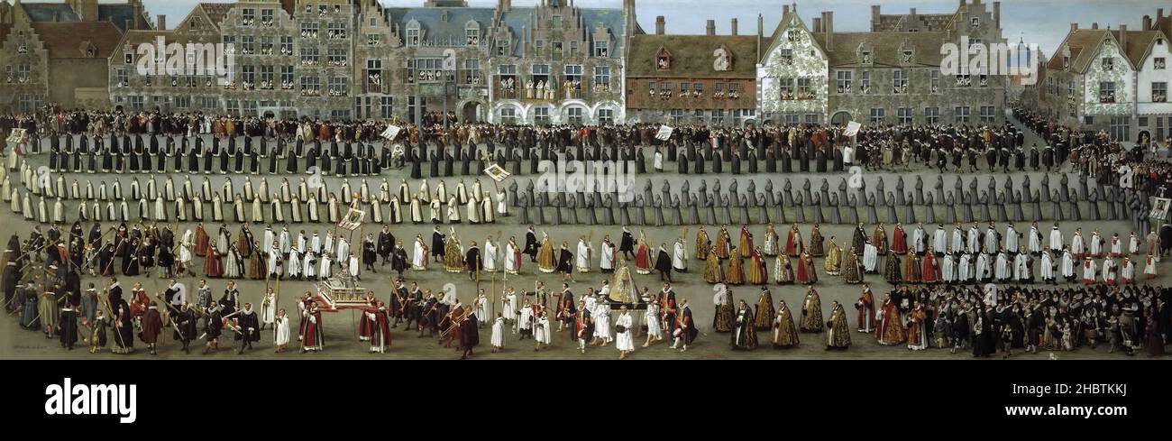Fiestas del Ommegang en Bruselas, procesión de Nuestra Señora de Sablón - 1616 - oil on canvas 132 x 386 cm - Van Alsloot Denis Stock Photo