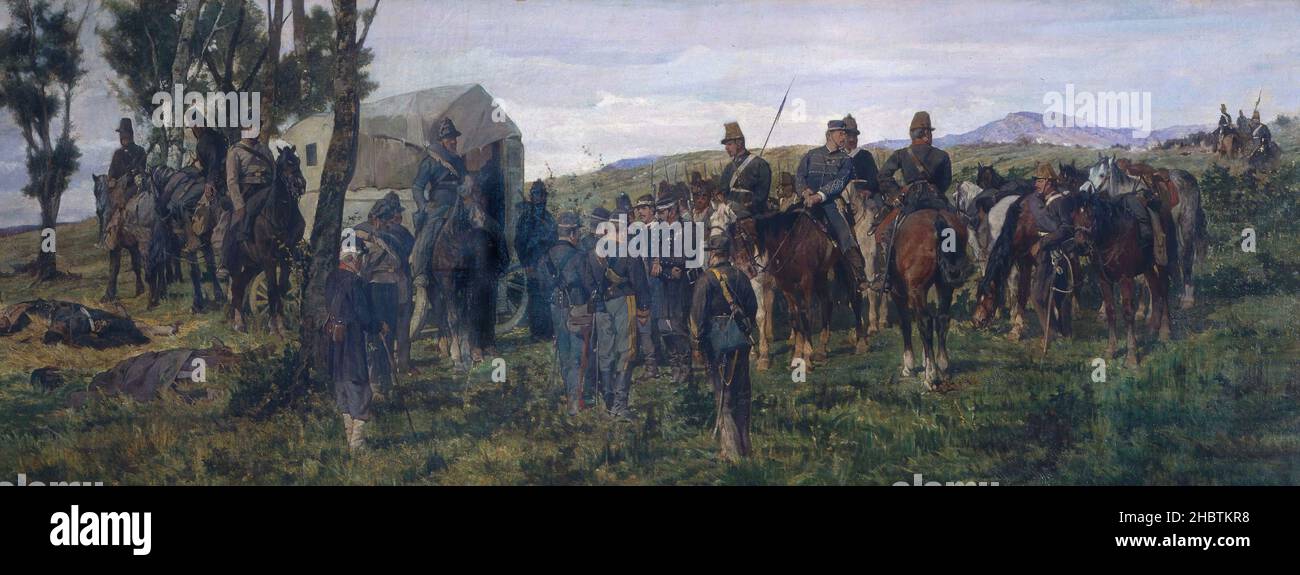 Episodio della battaglia di Custoza, Il principe Amedeo ferito viene accompagnato dall’ambulanza - 1870 - oil on canvas 100 x 265  Fattori Giovanni Stock Photo