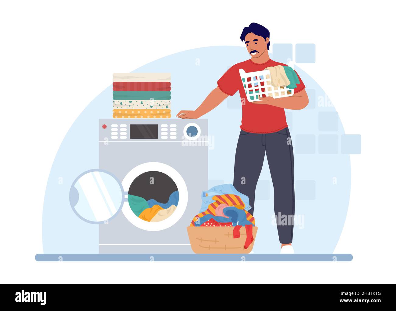 Man doing laundry in washing machine, vector illustration. Housework