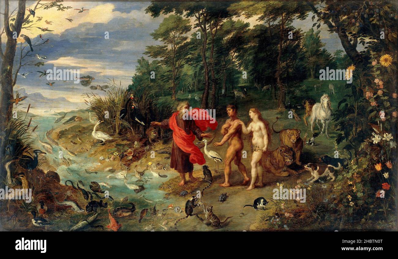 Adamo ed Eva nel paradiso terrestre - 1640c. - oil on wood 49 x 83 cm - Brueghel Jan il giovane Stock Photo