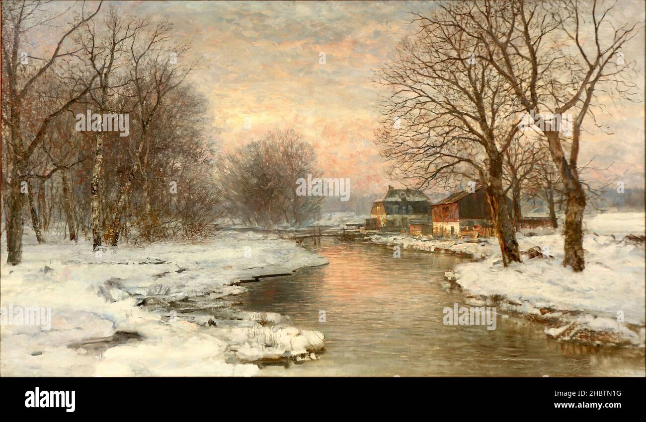 A Winter's Evening in landscape river Art Oil painting Anders Andersen-Lundby 