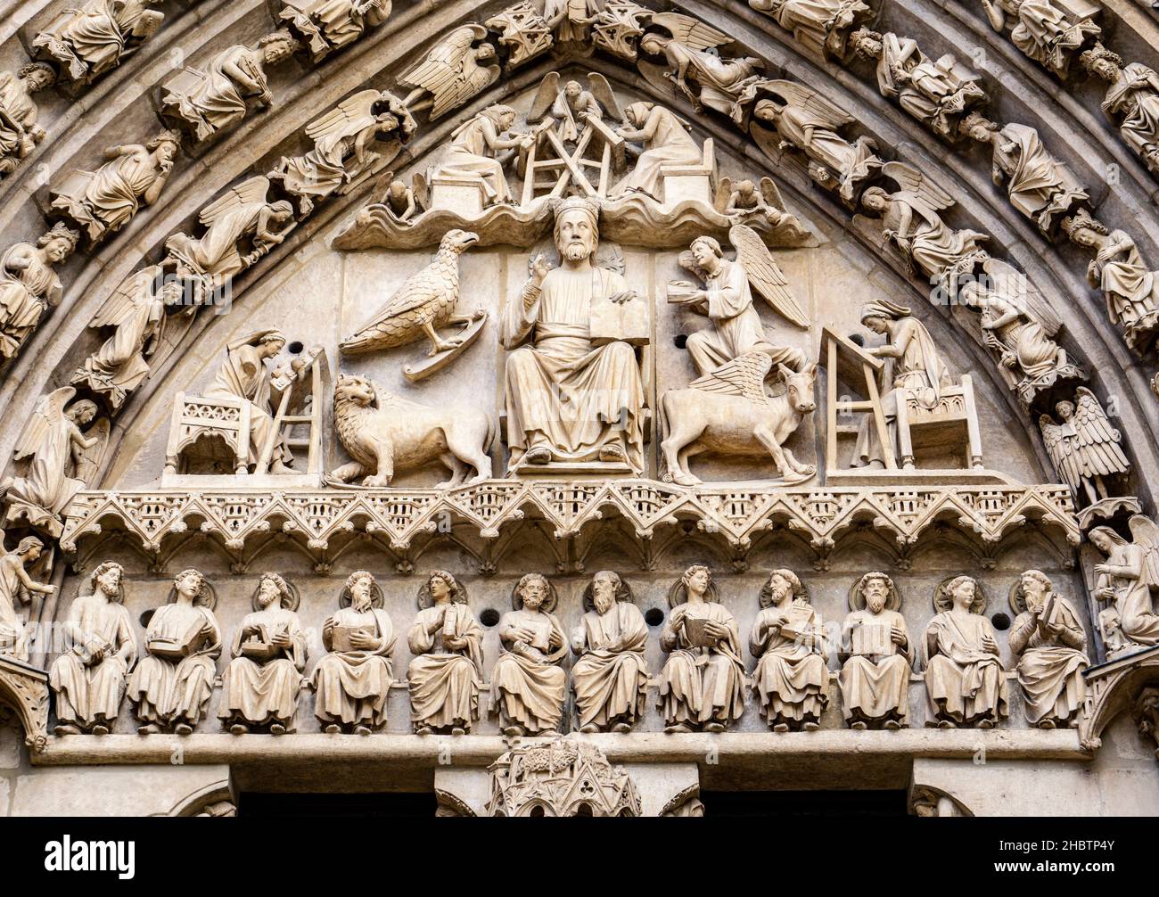 Christ majesty with the tetramorphs, pediment of Burgos Cathedrals, Sarmental Facade. Stock Photo