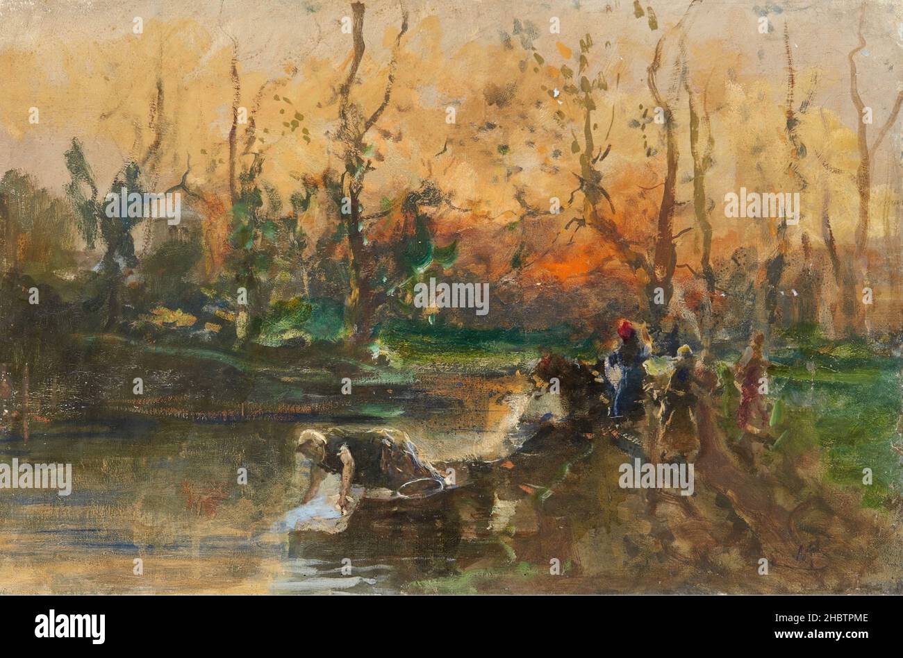 Bianchi Mosè - Private Collection - Lavandaie sulla riva del fiume- unknown date -  oil on canvas 33 x 50 cm - Stock Photo