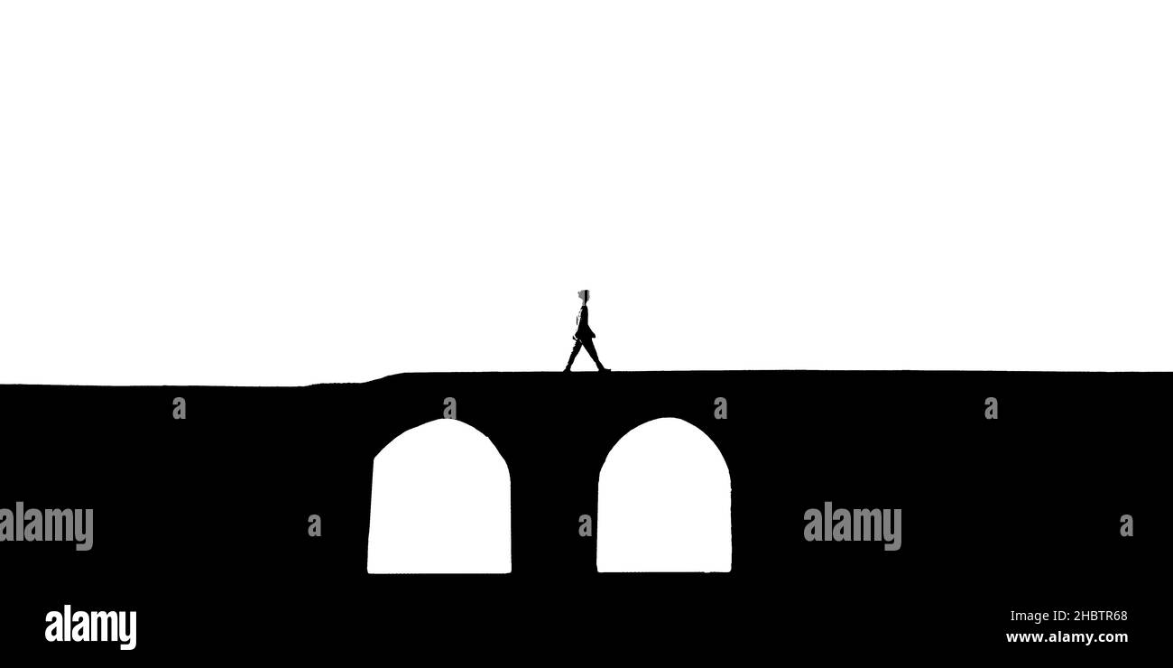 An illustrated silhouette of a girl walking on a bridge with arches ...