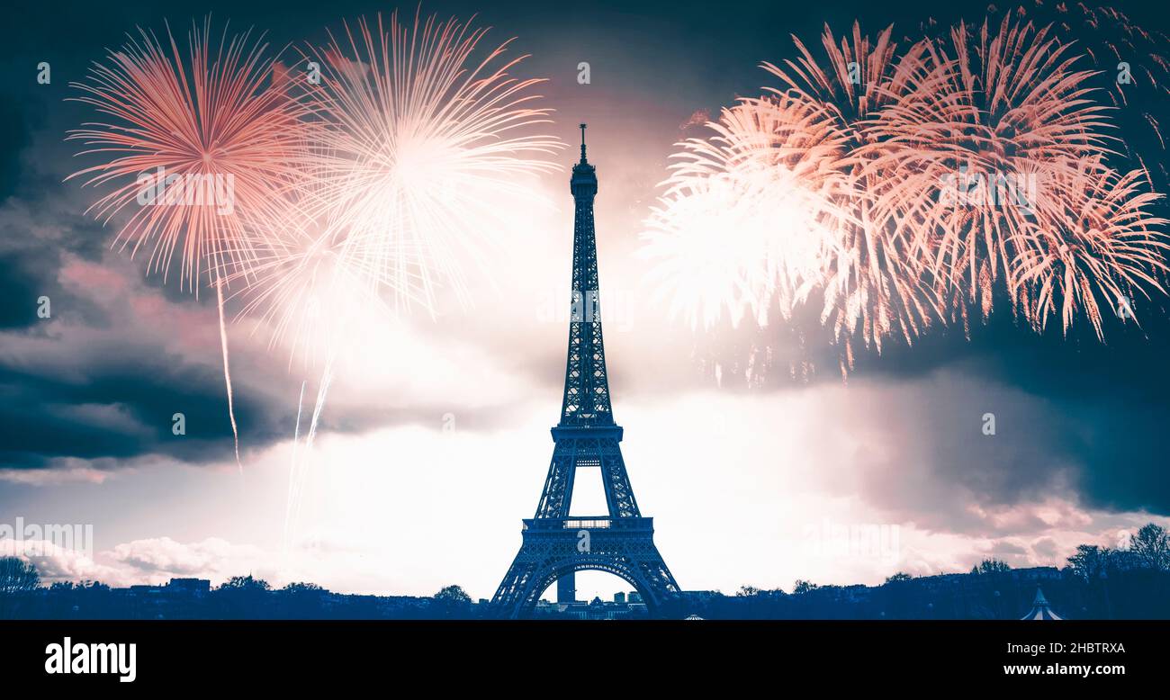 Eiffel tower with fireworks, celebration of the New Year in Paris, France Stock Photo