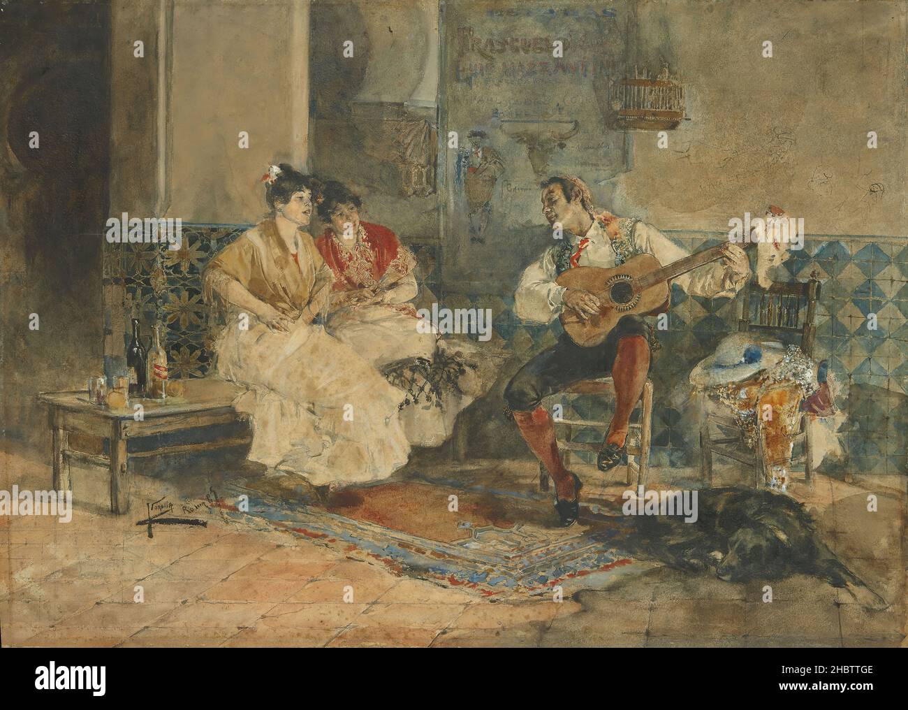 Deux femmes dans un intérieur écoutant un guitariste - non datato -  acquerello e guazzo arricchiti con gomma arabica 50,5 x 70,5 cm - Sorolla  Joaquín Stock Photo - Alamy