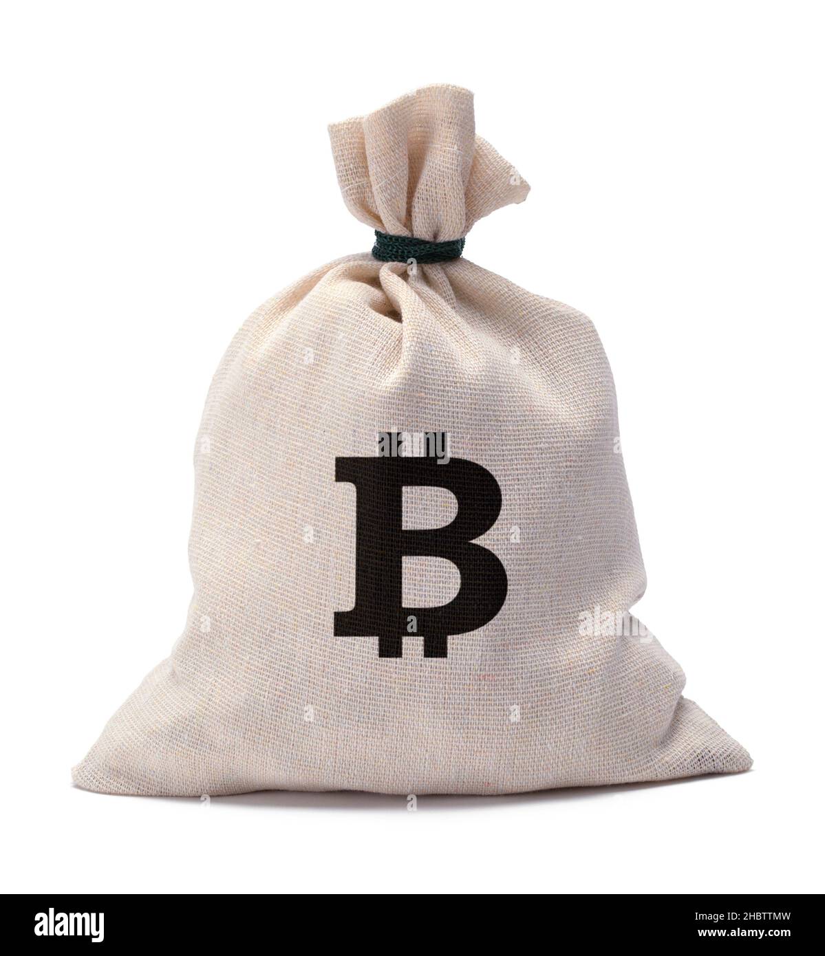Money Bank Bag with Bitcoin Symbol Cut Out on White. Stock Photo