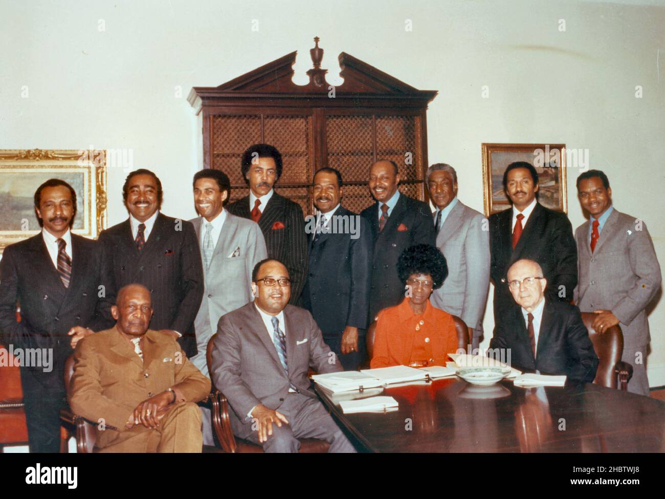 Founding members of the Congressional Black Caucus. Standing L-R: Parren Mitchell, Charles Rangel, Bill Clay, Ron Dellums, George W. Collins, Louis Stokes, Ralph Metcalfe, John Conyers, and Walter Fauntroy. Seated L-R: Robert N.C. Nix, Sr., Charles Diggs, Shirley Chisholm, and Augustus F. Hawkins Stock Photo