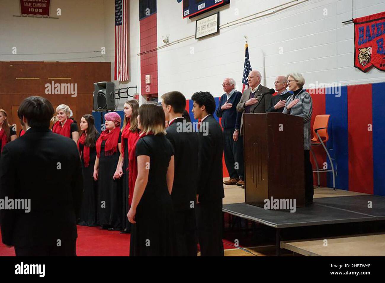 Bernie Sanders traveled throughout Vermont in March, holding town meetings, meeting with veterans, and speaking with students and seniors. (Hardwick town meeting pictured) ca.  25 March 2017 Stock Photo