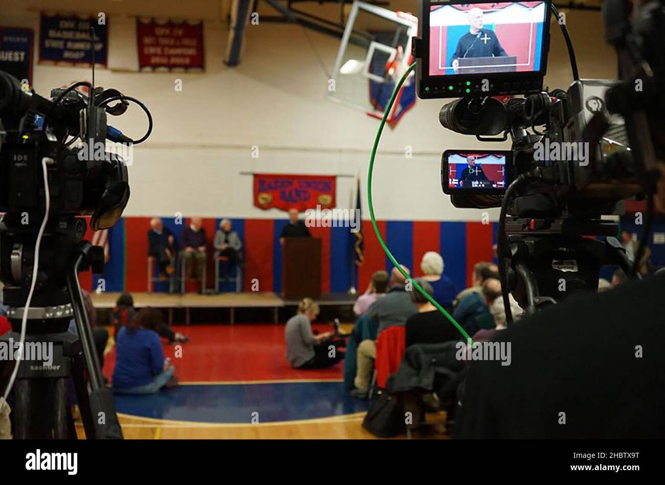 Senator Bernie Sanders traveled throughout Vermont in March, holding town meetings, meeting with veterans, and speaking with students and seniors (Hardwick town meeting pictured) ca.  25 March 2017 Stock Photo