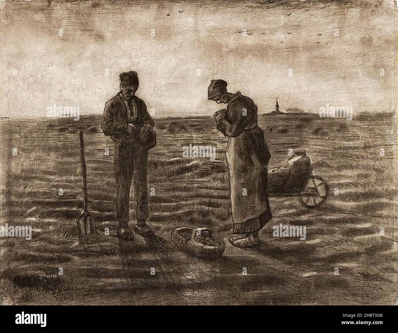 L'Angélus du soir after Millet 1880 matita, gessetto bianco e rosso su carta vergata