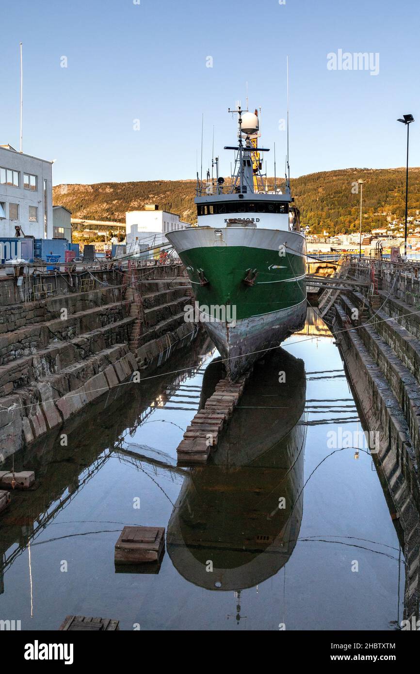 Old fishing vessel, trawler Kasfjord in dock at old BMV shipyard at Laksevaag, near port of Bergen, Norway. Stock Photo