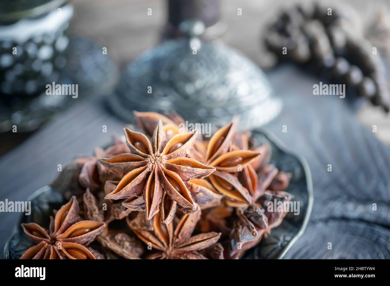 Fresh organic fruits and spice seeds from star anise . Still life in